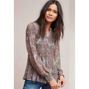 Anthropologie Blue and Brown Blouse